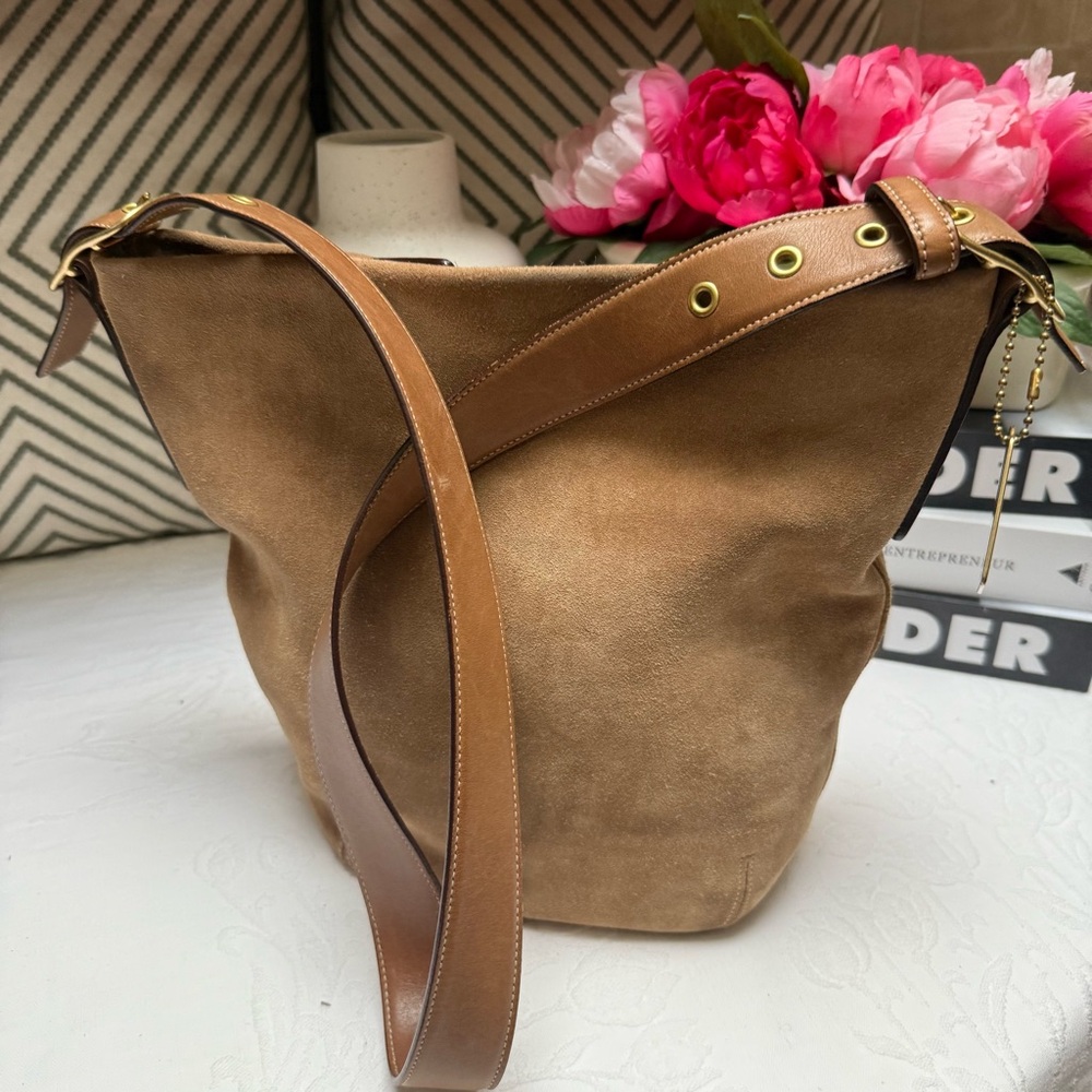 Coach Brown Suede Shoulder Bag with Tan Leather Strap - Picture 2 of 12